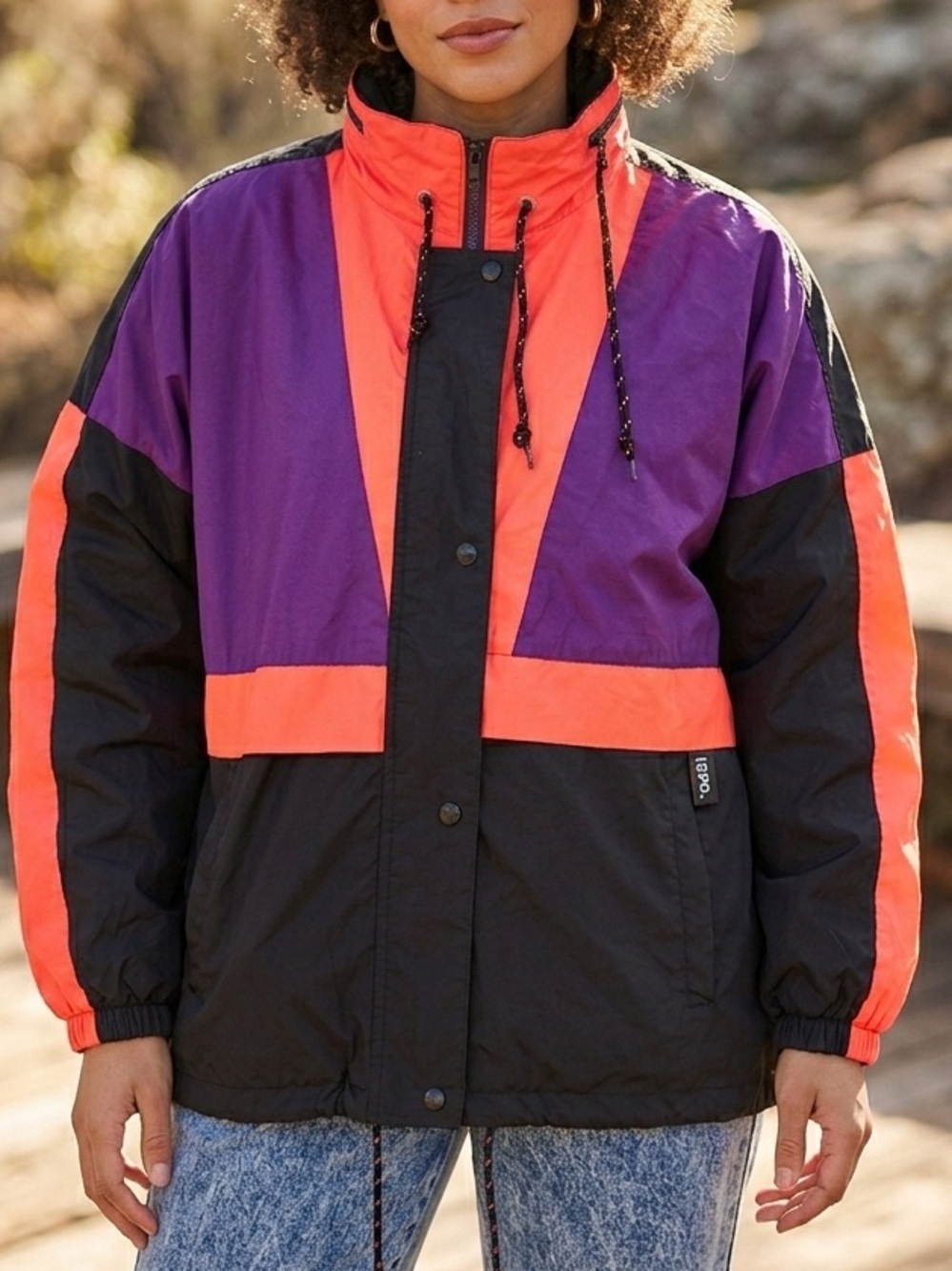 Vintage 1980s ISPO Colorblock Windbreaker Neon Pink Purple Black Large Retro